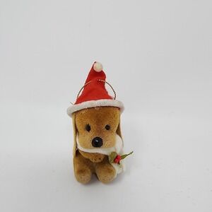 Critter Sitter Vintage 80s Santa Hound Dog Puppy‎ Flocked Christmas Ornament